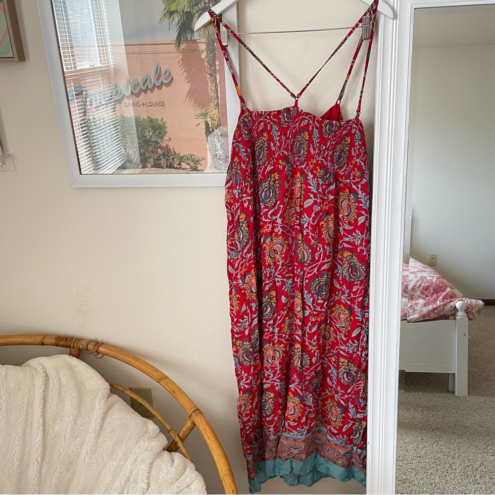 Anthropologie Red Floral Printed Spaghetti-Strap Jumpsuit with Aqua Trim - Picture 6 of 7